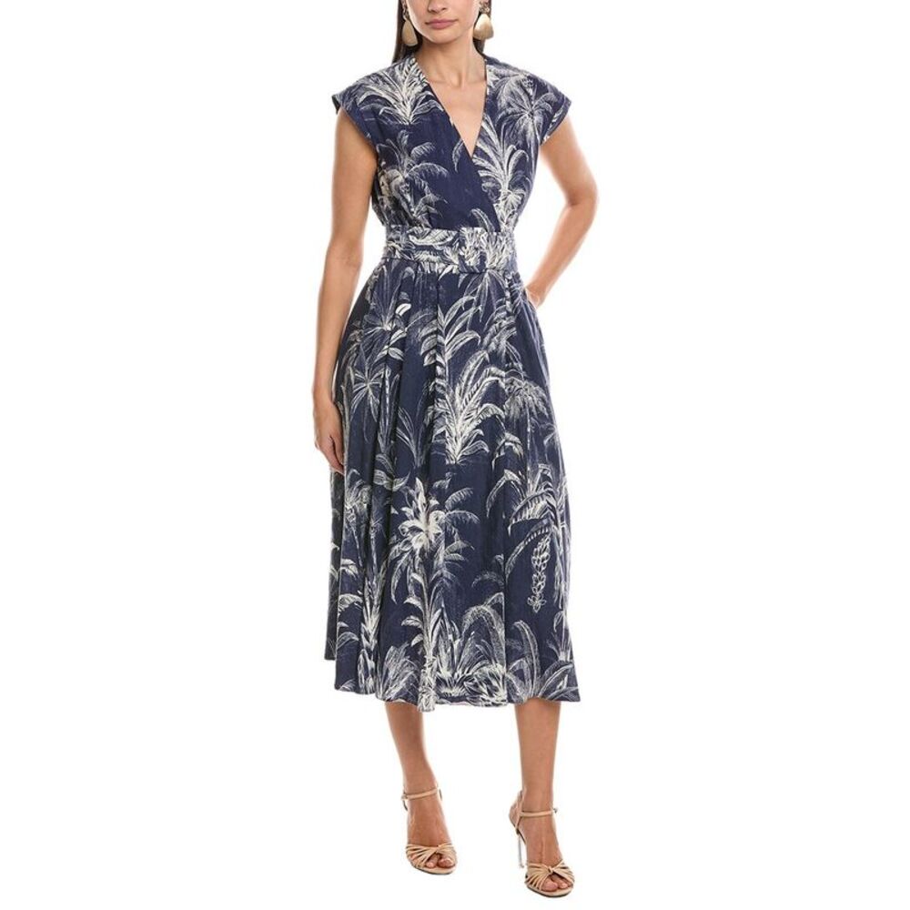Marella Womens  A-Line Belted Linen-Blend Wrap Dress, Navy